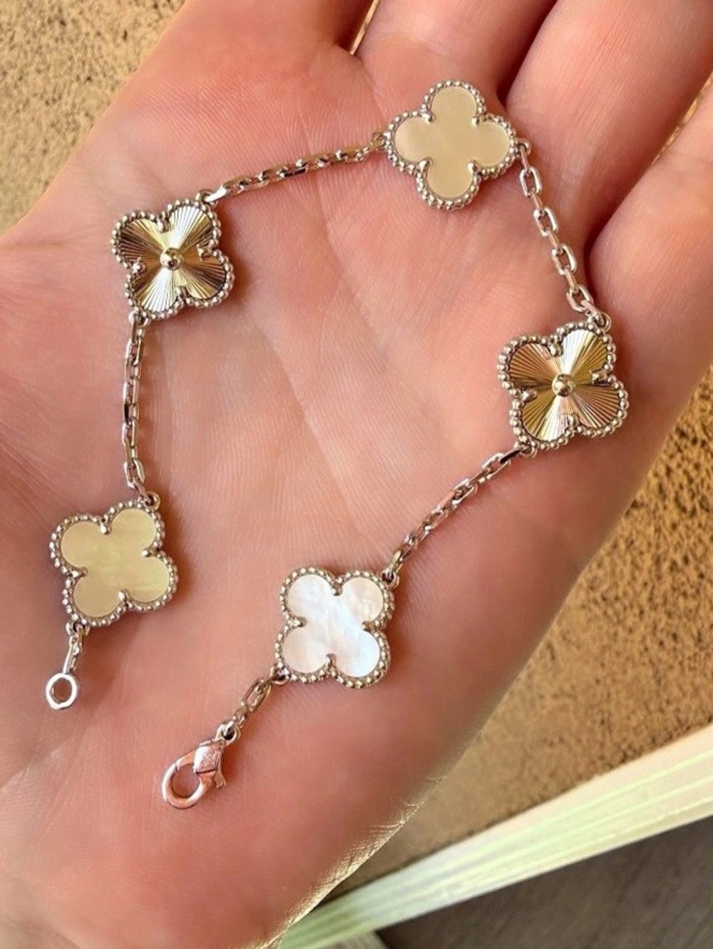 White Gold Clover Charm Bracelet in Silver & White